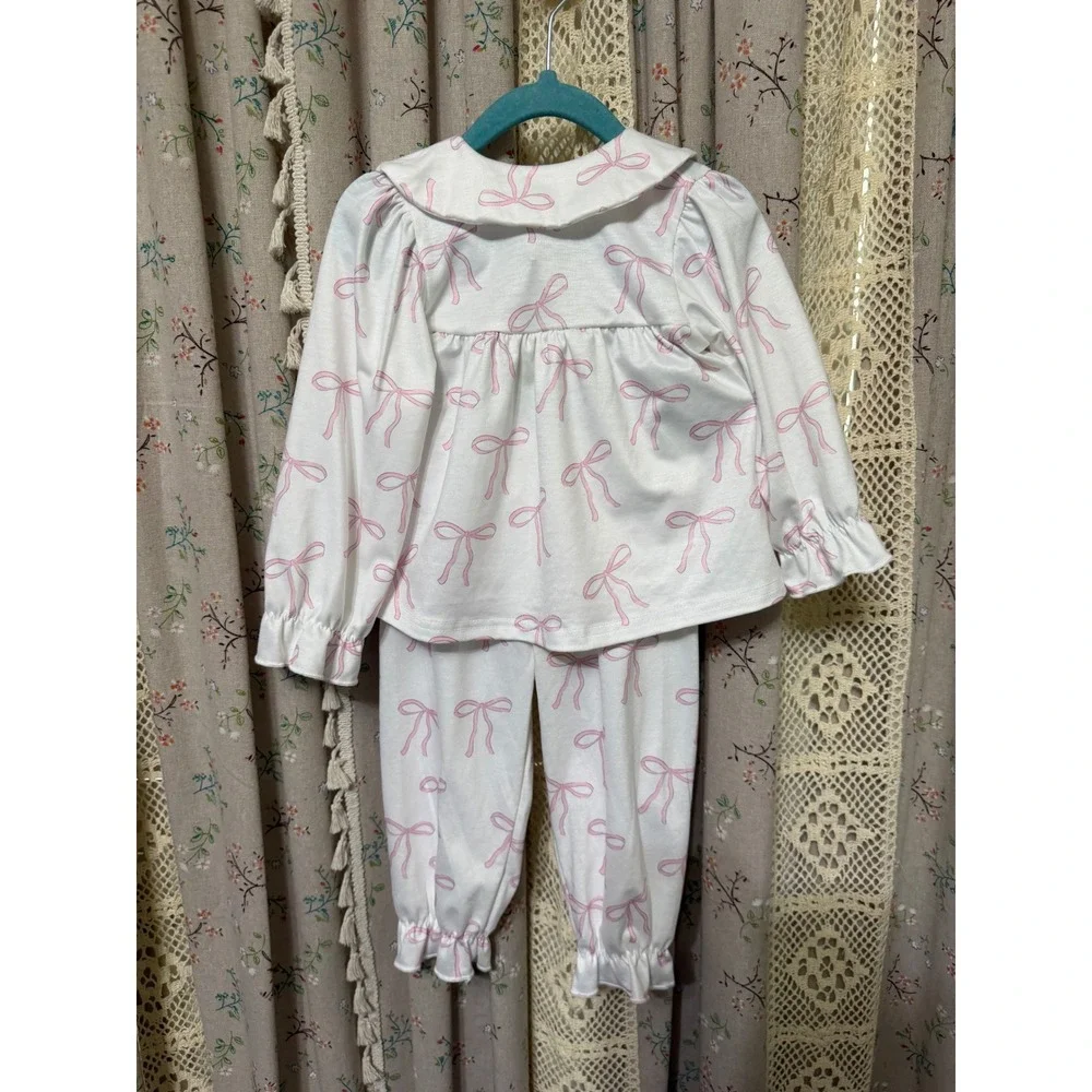 SHEIN Baby Girls 9-12M Pink Bow Pajama Set Peter Pan Collar Ruffle NWT